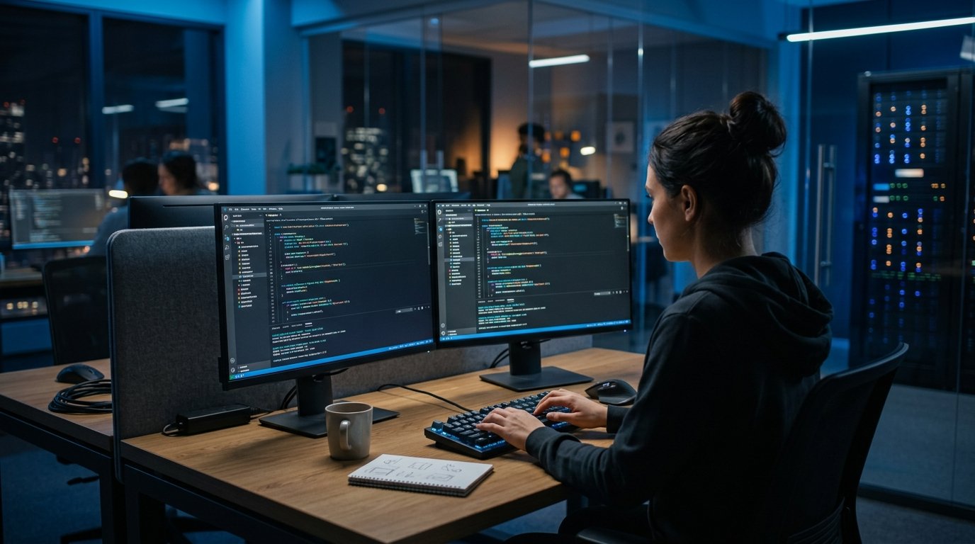 Prolex IT Software Engineer Developing Code on Multi-Screen Workstation